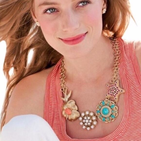 Stella & Dot Bird of Paradise Statement Necklace Gold Turquoise Coral Retired - Picture 5 of 10